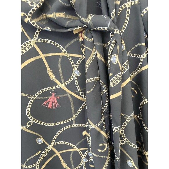 ZARA XSMALL BLACK HORSE CHAIN PRINT TIE NECK LONG OVERSIZED BLOUSE TOP XS - Picture 4 of 9